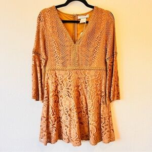 Flying Tomato Lace Bohemian Mustard Gold Mini Dress M